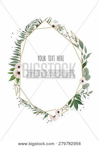 Floral Wreath With Green Eucalyptus Leaves, Flower Rose, Anemone . Frame Border With Copy Space.