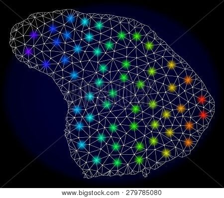 Mesh Vector Map Of Lanai Island With Glare Effect On A Dark Background. Light Spots Have Bright Spec
