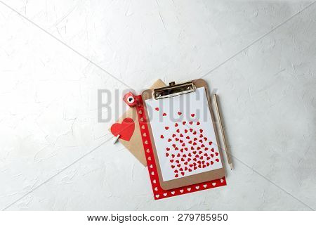 Valentines Day Minimal Concept Mockup, Blogger Workspace - Clipboard With Blank Paper, Red Paper Hea