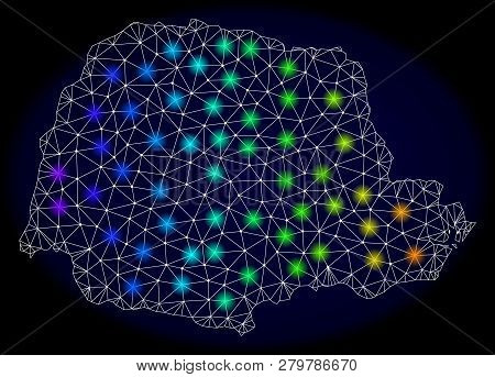 Mesh Vector Map Of Parana State With Glare Effect On A Dark Background. Light Spots Have Bright Rain