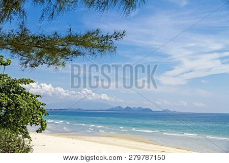 The Beach Ban Krut Beach With Pine And Cloud At  Prachuap Khirikhun Province, Thailand Is Famous For