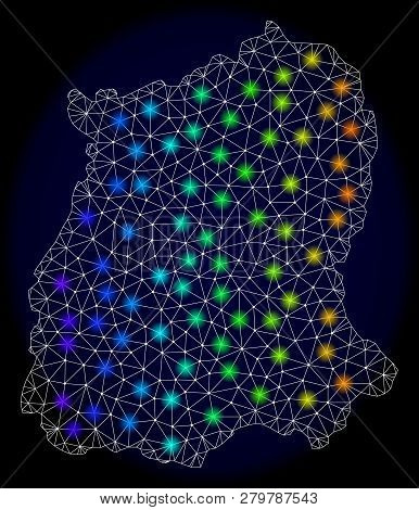 Mesh Vector Map Of Sikkim State With Glare Effect On A Dark Background. Light Spots Have Bright Spec