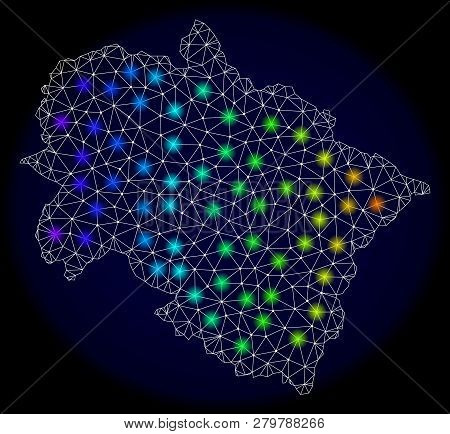 Mesh Vector Map Of Uttarakhand State With Glare Effect On A Dark Background. Light Spots Have Bright