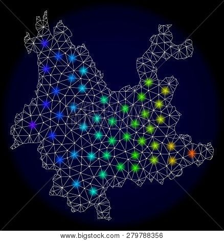 Mesh Vector Map Of Yunnan Province With Glare Effect On A Dark Background. Light Spots Have Bright R
