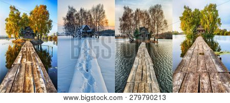 Four Seasons. Hut On A Small Island. Bridge To Hut