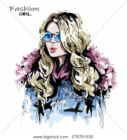 Hand Drawn Beautiful Young Woman With Long Blonde Hair. Stylish Girl In Fashion Clothing. Fashion Wo