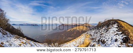 Panoramic View Of Triangolo Lariano Mountains As Viewed From Monte Bollettone, Lombardy, Italy