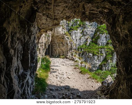 Tunnel Exit On Road Of 52 Tunnels On The Pasubio Massif In Veneto, Italy