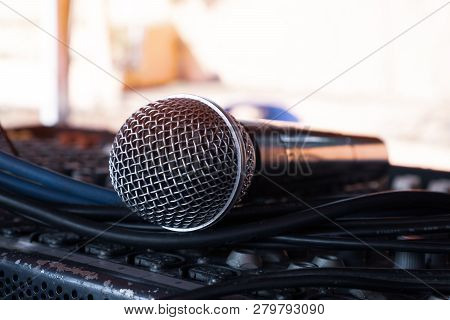 Microphone On Recording Studio Prepare Fot Speech In Seminar Room Or Speaking Conference Hall Light 