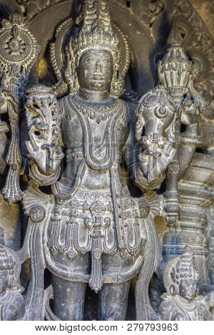 Belur, Karnataka, India - November 2, 2013: Chennakeshava Temple Building. Closeup Of Whitened Black