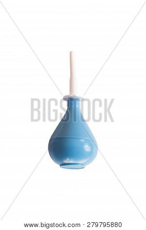 Blue Enema Bulb Isolated On White. Medical New Enema. Enema In Medicine