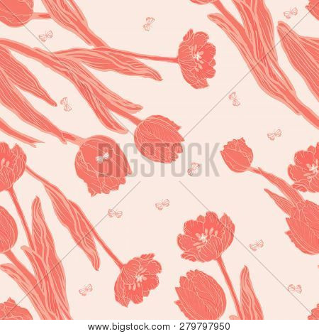 Peach Coral Tulips With Butterflies Seamless Pattern