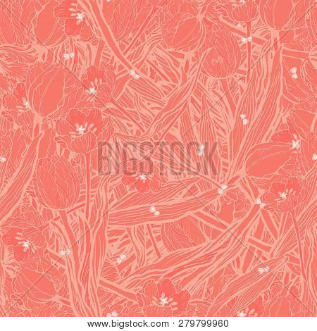 Beautiful Coral Tulips With Butterflies Seamless Pattern