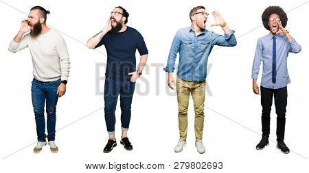Collage of group of young men over white isolated background shouting and screaming loud to side with hand on mouth. Communication concept.