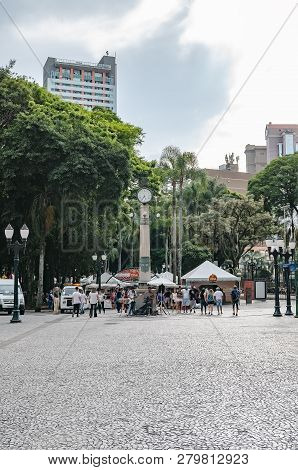 Curitiba - Pr, Brazil - December 15, 2018: Downtown Street Luiz Xavier And The Clock Relogio Da Prac