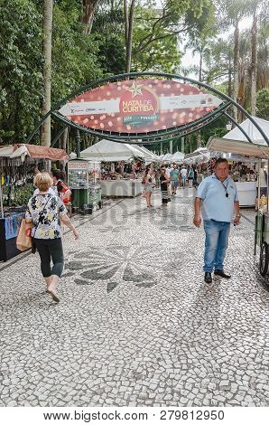 Curitiba - Pr, Brazil - December 15, 2018: Shops Selling Food And Crafts At Open Air Fair At Feira D