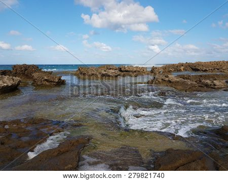 Rocky Shore At Beach With Tidepools In Isabela, Puerto Rico