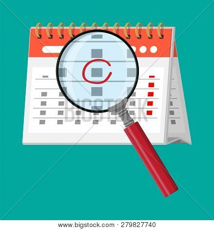 Paper Spiral Wall Calendar And Magnifying Glass. Calendar Flat Icon. Schedule, Appointment, Organize