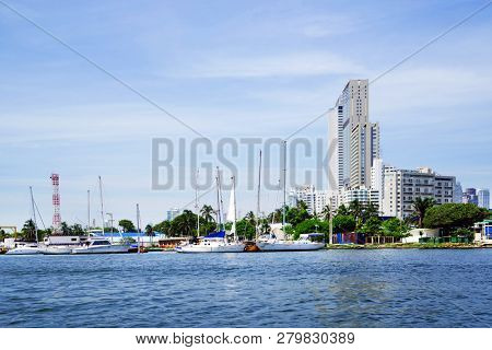CARTAGENA, COLOMBIA - AUGUST 10, 2018: Cityscape of modern Cartagena, famous resort in Colombia, South America