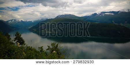 Landscape Panoramic View To Innvikfjorden, Innvik And Utvik Village In Norway