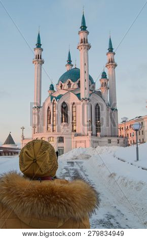 Woman Looking At Kul Sharif Mosque In Kazan Kremlin, Tatarstan, Russia