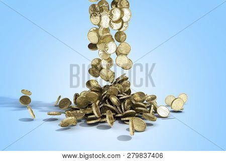 Gold Coins With Dollar Sign Fall On Graund 3d Illustration On A Blue Background