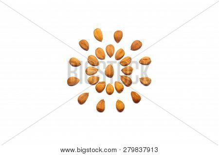 A Collection Of Peeled Apricot Stone Nuts Lies In The Shape Of A Circle Or Sun On An Isolated White 