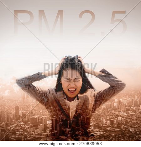 Square Image Of Stress Asian Woman Got Headache With Pm 2.5 Concept Background. Young Thai People Ov