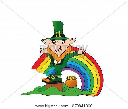 Vector Leprechaun On Stump With A Pot Of Gold Coins Near The Rainbow. Happy St. Patricks Day Celebra