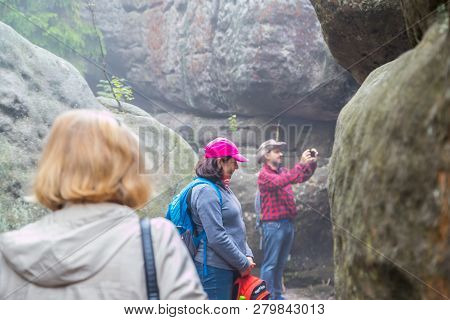 Kudowa Zdroj, Poland - September 15, 2018: Sandstone Errant Rocks Labyrinth In National Park In Pola