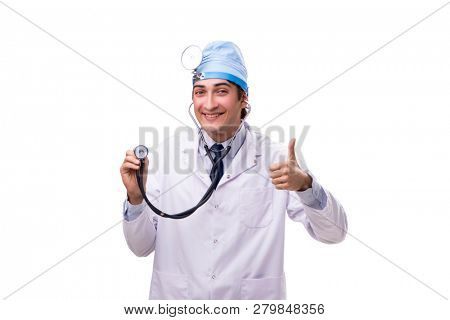 Young handsome doctor otolaryngologist isolated on white 