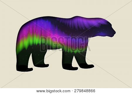 North Arctic Polar White Bear In Paper Cut Craft Style With Northern Lights On Night Sky, Stock Vect