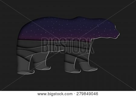 North Arctic Polar White Bear In Paper Cut Craft Style With Night Landscape, Stock Vector Illustrati