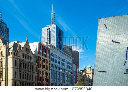 Melbourne, Australia - October 9, 2014: Classic And Modern Architectures Of Federation Square