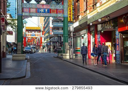 Melbourne, Australia - October 9, 2014: China Town, Colorful Stores And People In Bourke St