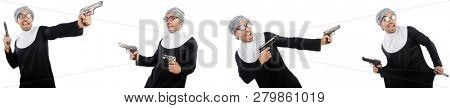 Man in nun dress with handgun 