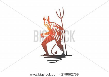 Halloween, Monster, Devil, Scary, Pitchfork Concept. Hand Drawn Halloween Monster Devil With Pitchfo