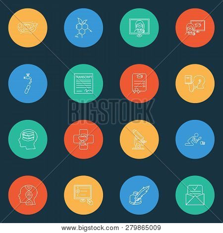 Education Icons Line Style Set With School Transcript, Genetics, Distance Leaning And Other Pharmacy