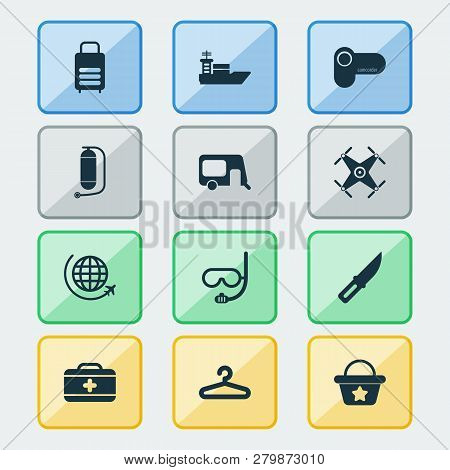 Journey Icons Set With Hanger, Quadrupter, Flight And Other Video Camera Elements. Isolated Vector I