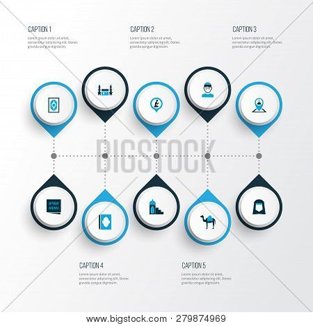 Religion Icons Colored Set With Place, Camel, Mullah And Other Hijab Elements. Isolated Vector Illus