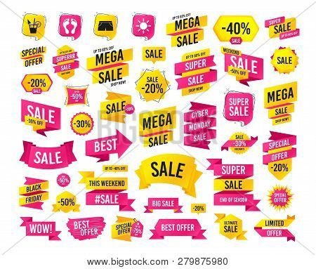 Sale Banner. Super Mega Discounts. Beach Holidays Icons. Cocktail, Human Footprints And Swimming Tru