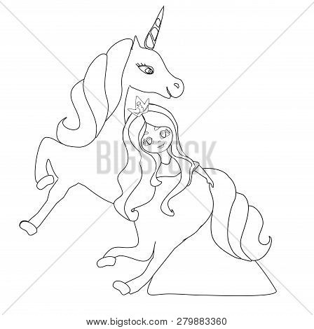 Beautiful Young Princess And Unicorn, Coloring Book , Doodle