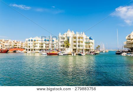 Benalmadena, Spain - May 10, 2018  Luxury Boats And Apartments In Marina Bay Benalmadena, Costa Del