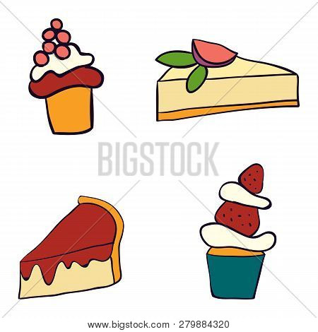Hand Drawn Sweet Cakes Slices Set Vector Illustration. Doodle Illustration. Cake Pieces, Chocolate, 