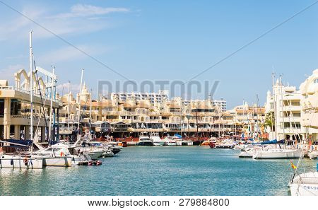 Benalmadena, Spain - May 10, 2018  Luxury Boats And Apartments In Marina Bay Benalmadena, Costa Del