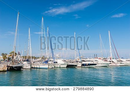 Benalmadena, Spain - May 10, 2018  Luxury Boats And Apartments In Marina Bay Benalmadena, Costa Del