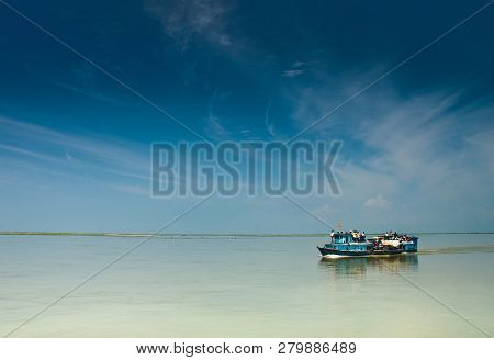 Brahmaputra River, Assam, India, April 2011, Locals With Ferry Boat For Transportation