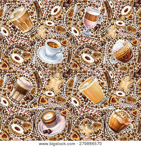 Seamless Pattern With Different Coffee Drinks And Sweets On White Background. Illustration Of Latte,