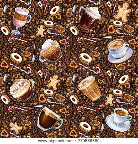Seamless Pattern With Different Coffee Drinks And Sweets On Dark Background. Illustration Of Viennes