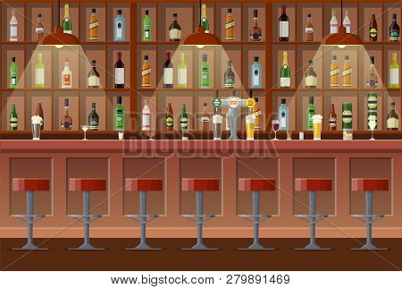 Bar, Pub, Night Club Interior. Bar Counter, Bar Chairs And Shelves With Alcohol. Vector Illustration